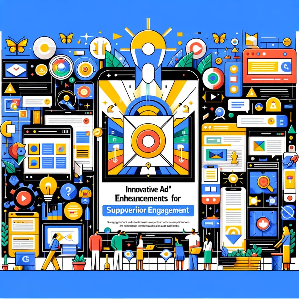 Visual depiction of Google Ad formats and extensions, showcasing display banners, search ads, video ads, and abstract ad extension icons for enhanced engagement.