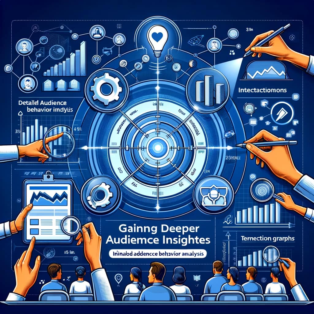 Image showcasing audience behavior analysis for Facebook ads, featuring demographic charts, interaction graphs, and targeting icons.