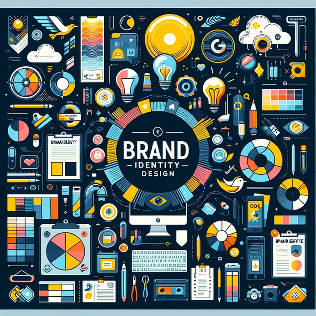 Image depicting the elements of brand identity design, integral to branding services, featuring logos, color palettes, and typography.