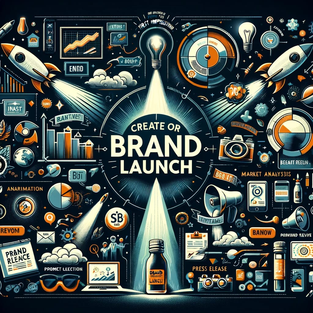 Illustration showcasing the excitement and strategy of a brand launch, featuring elements like a brand logo spotlight, social media icons, and press release imagery.