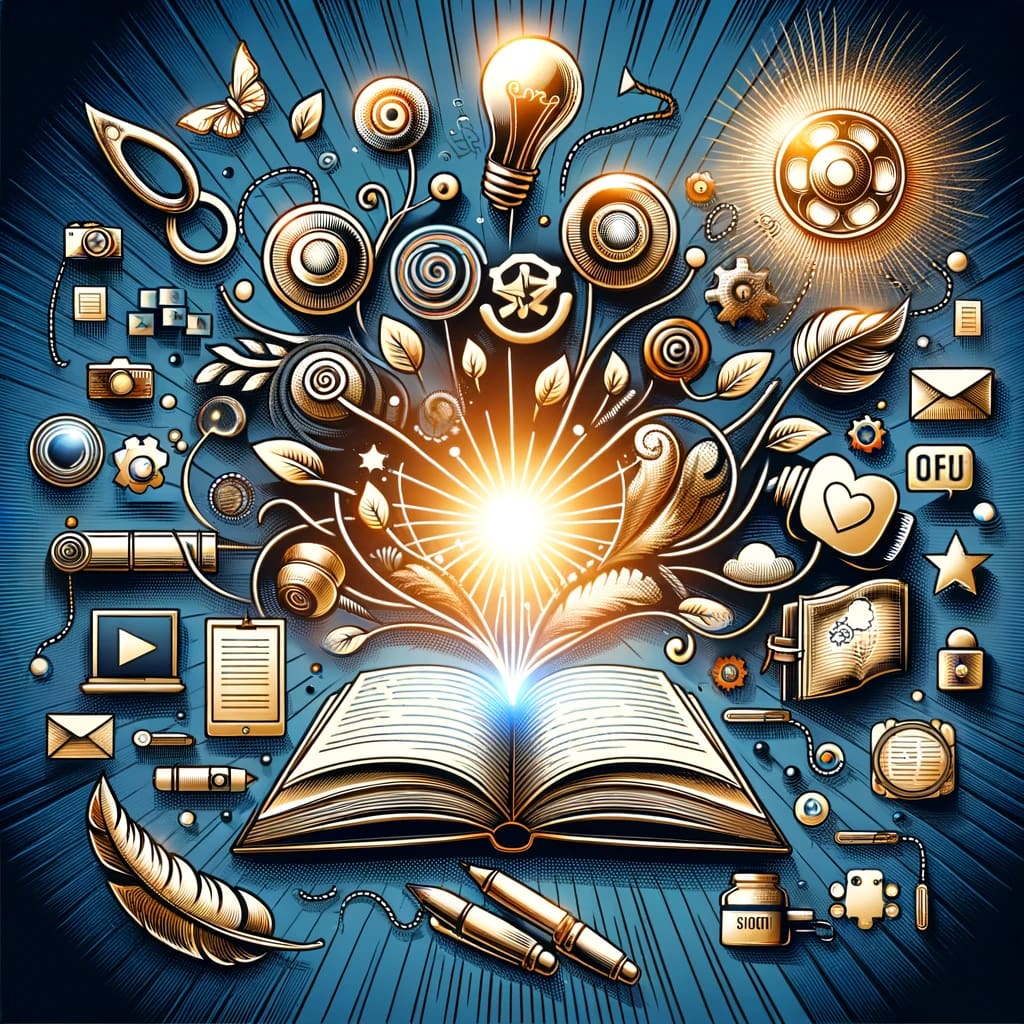 Conceptual image depicting brand storytelling, featuring narrative elements, emotional connections, and diverse content creation symbols.