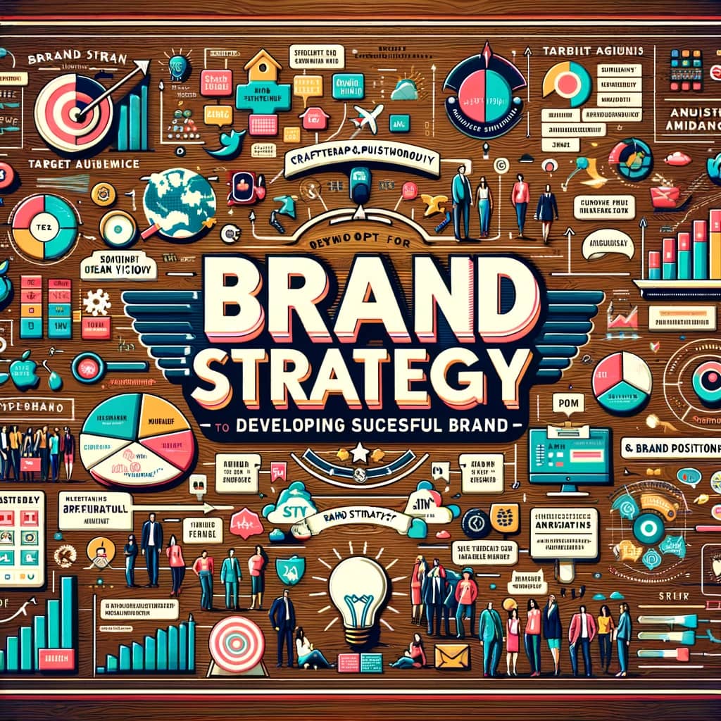Graphic representation of brand strategy, showcasing elements of strategic roadmaps, vision and mission statements, and brand positioning.