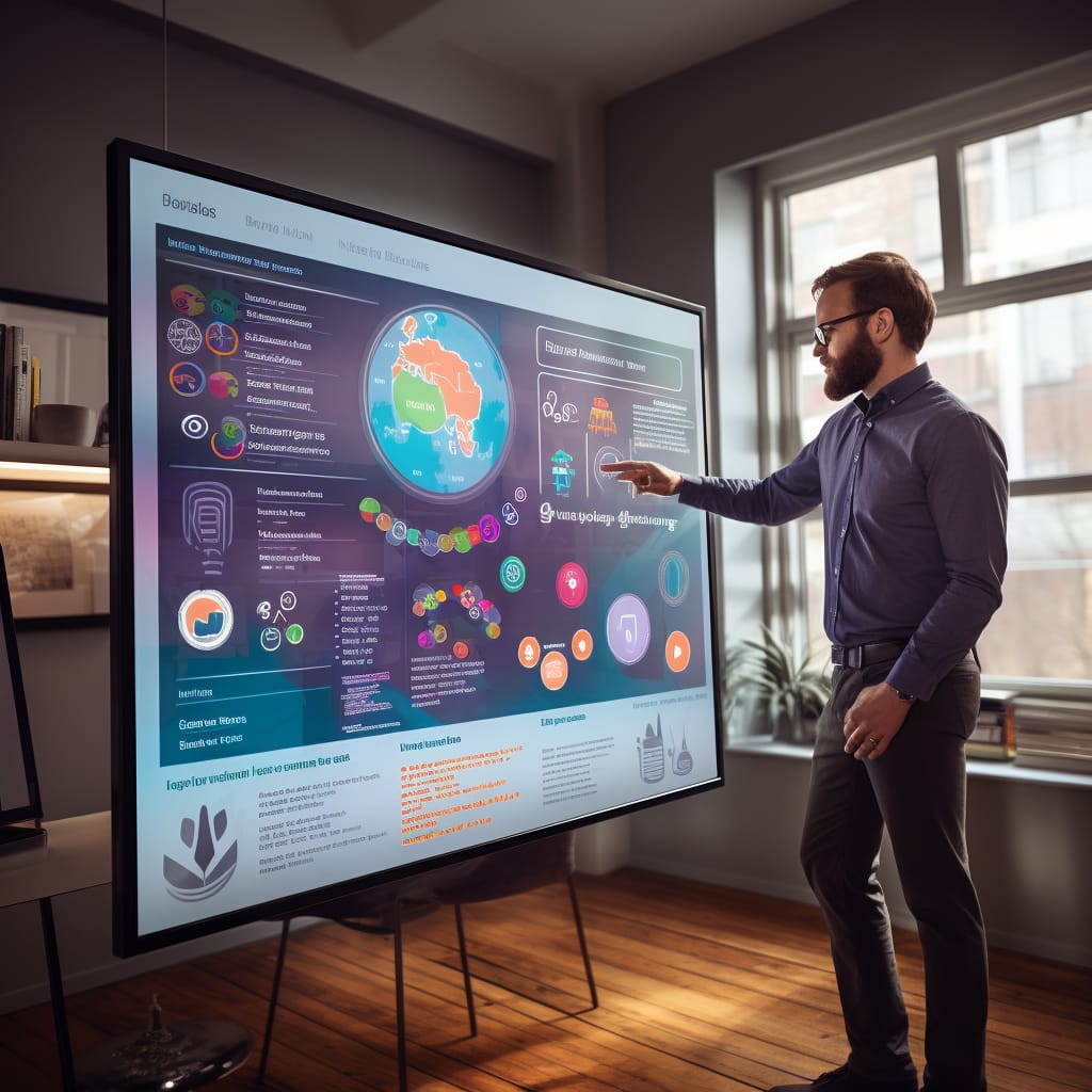 A content strategist at VisionAI engaged in content creation, optimizing a digital article with targeted keywords on a touchscreen, surrounded by data analytics monitors.