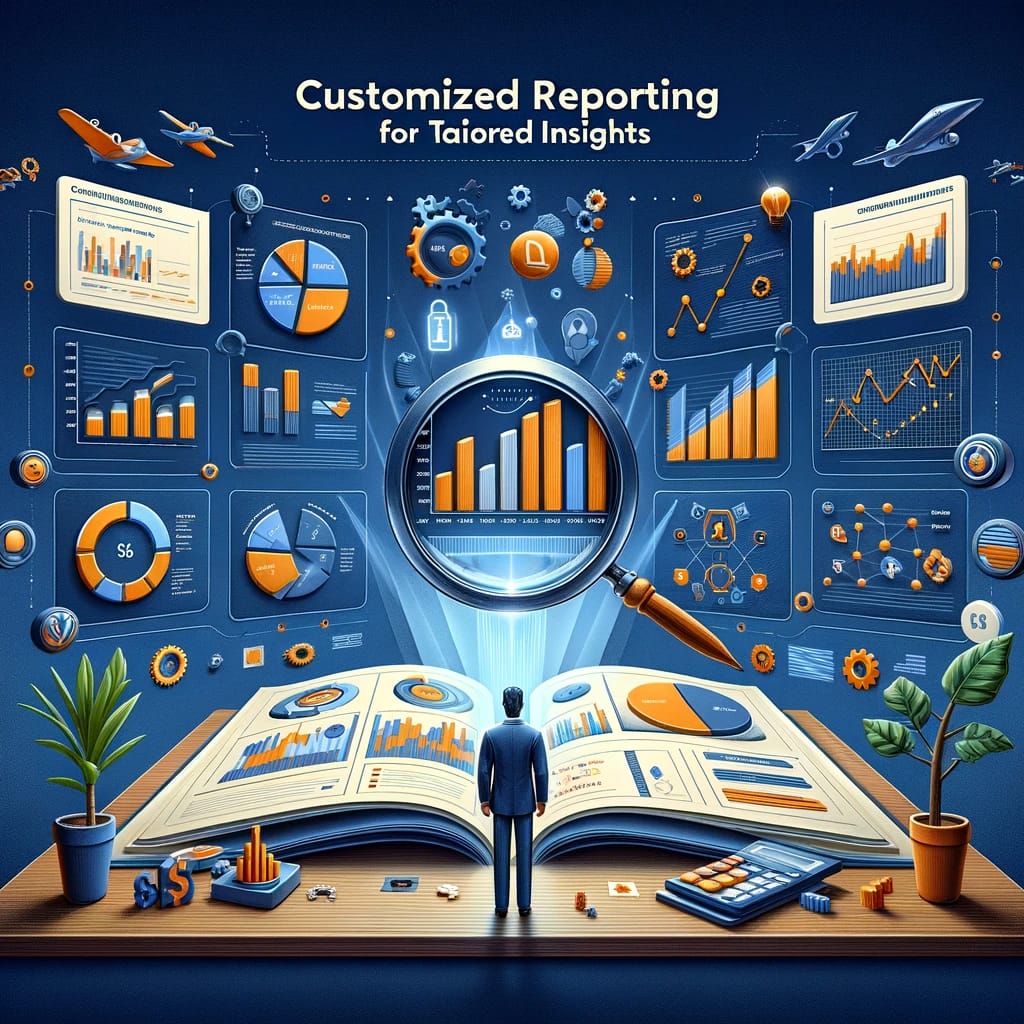 Image showcasing customized reporting in email marketing, with detailed analytical reports and data visualization graphics.