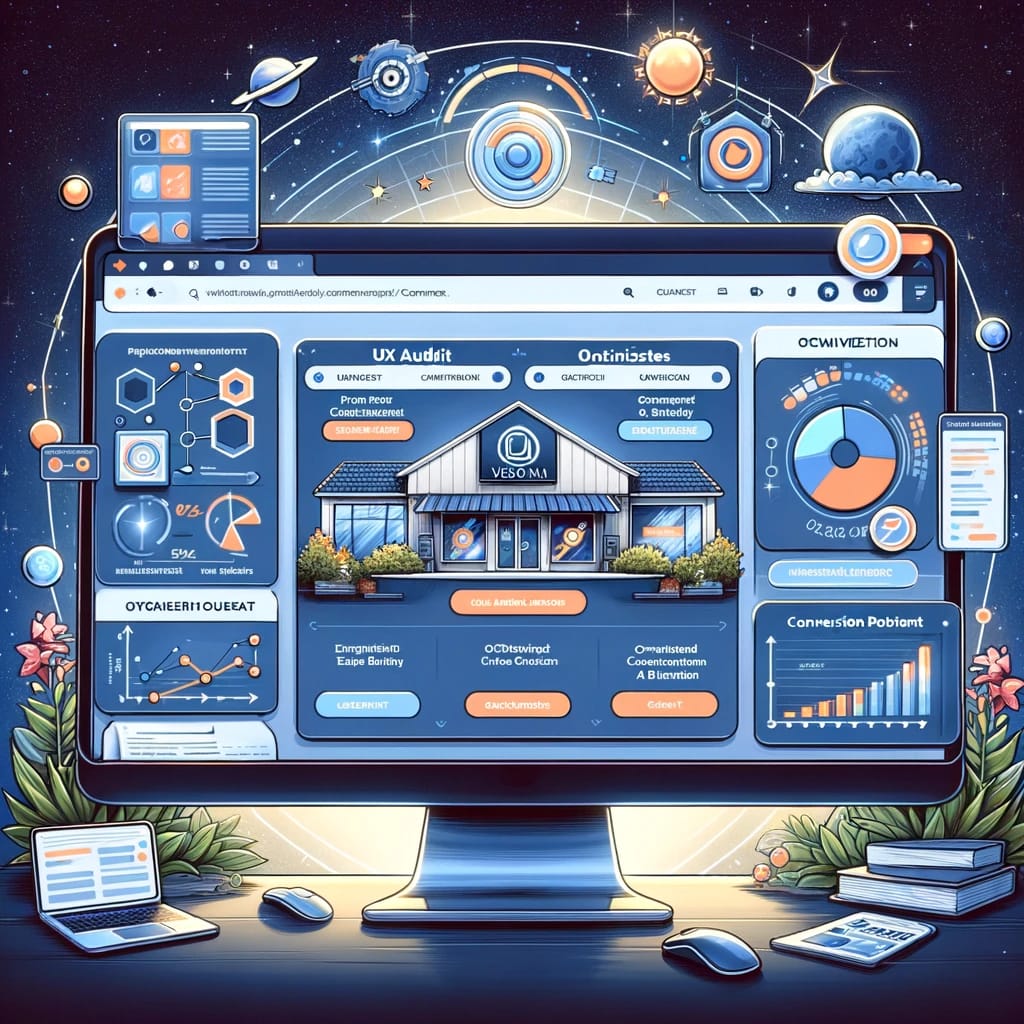 Realistic digital illustration of VisionAI's Ecommerce advertising strategies, featuring a user interface on a central monitor with UX audit tools.