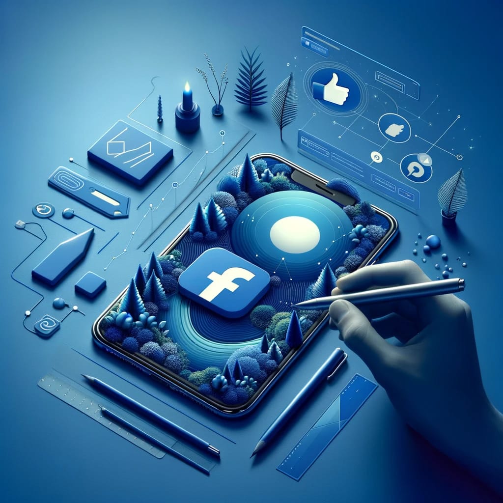Ad Creation and Optimization for Facebook Ads depicted through an innovative and subtle design, featuring creative ad content with hints of Facebook's iconic 'like' button and blue color scheme, showcasing a blend of originality and platform-specific aesthetics.