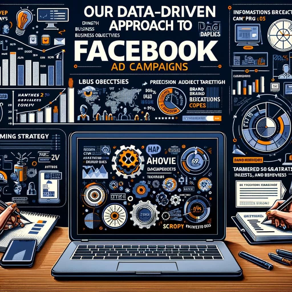 Graphic illustrating a data-driven approach to Facebook ad campaign strategy, featuring analytics and audience targeting visuals.