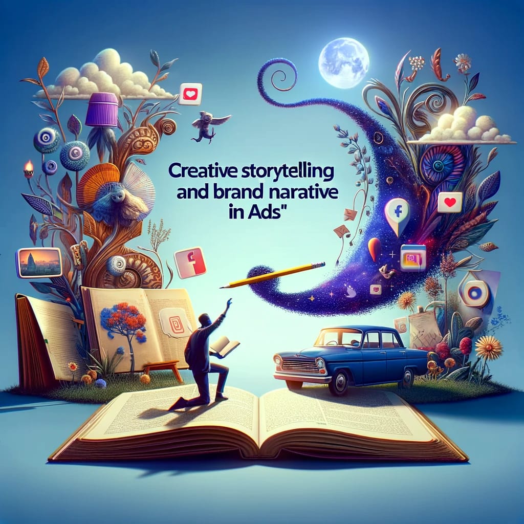 Image showcasing the power of storytelling in Facebook ads, with elements like an open book and storyboard blended with engaging ad visuals, representing the fusion of narrative and marketing.