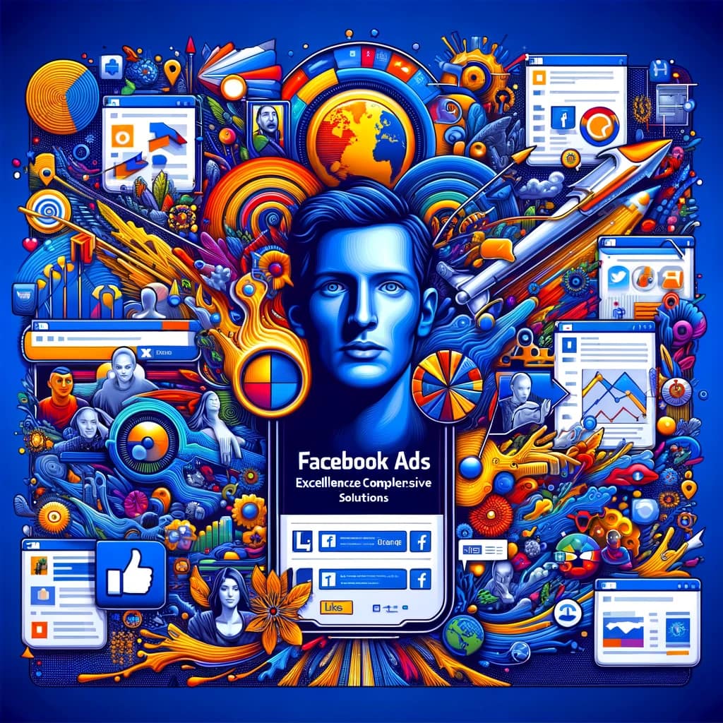 Visual representation of Facebook Ads Excellence by VisionAI, featuring Facebook ad interfaces and symbols of audience engagement and social media marketing