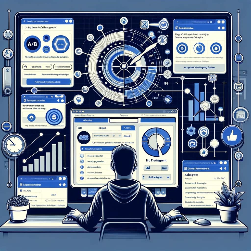 Digital art illustration of a VisionAI expert working on Facebook Ads Manager, showcasing targeting and bid management tools.