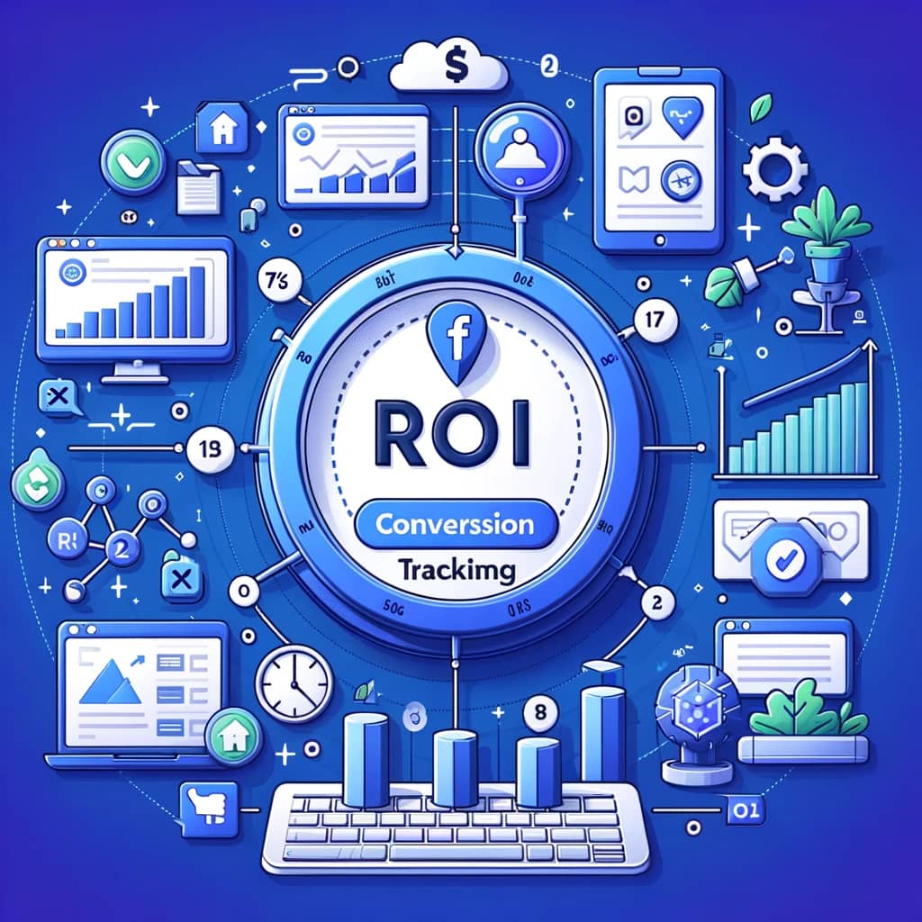 Image showcasing the significance of Facebook Pixel implementation in conversion tracking and ROI measurement, featuring analytics dashboards and conversion graphs.