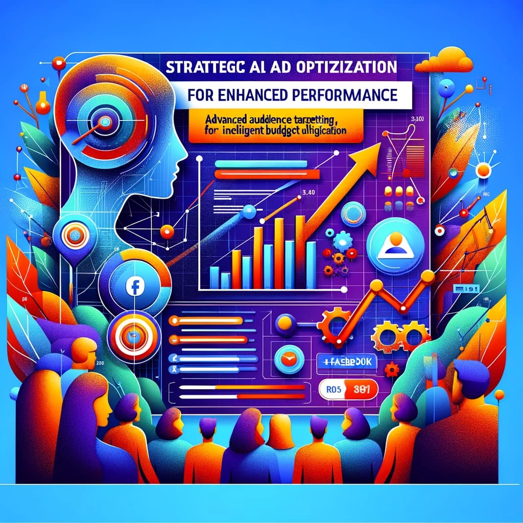 Abstract representation of innovative Facebook ad strategies, featuring vibrant graphics that symbolize advanced audience targeting and strategic budget allocation for optimized ad performance.