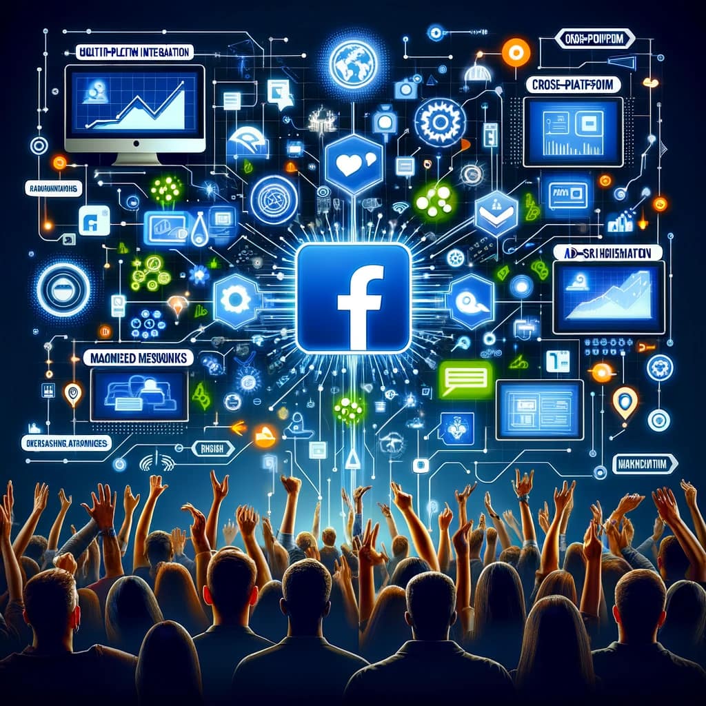 Graphic representation of multi-platform integration for Facebook ads, showcasing interconnected networks and a unified advertising approach across diverse digital platforms.