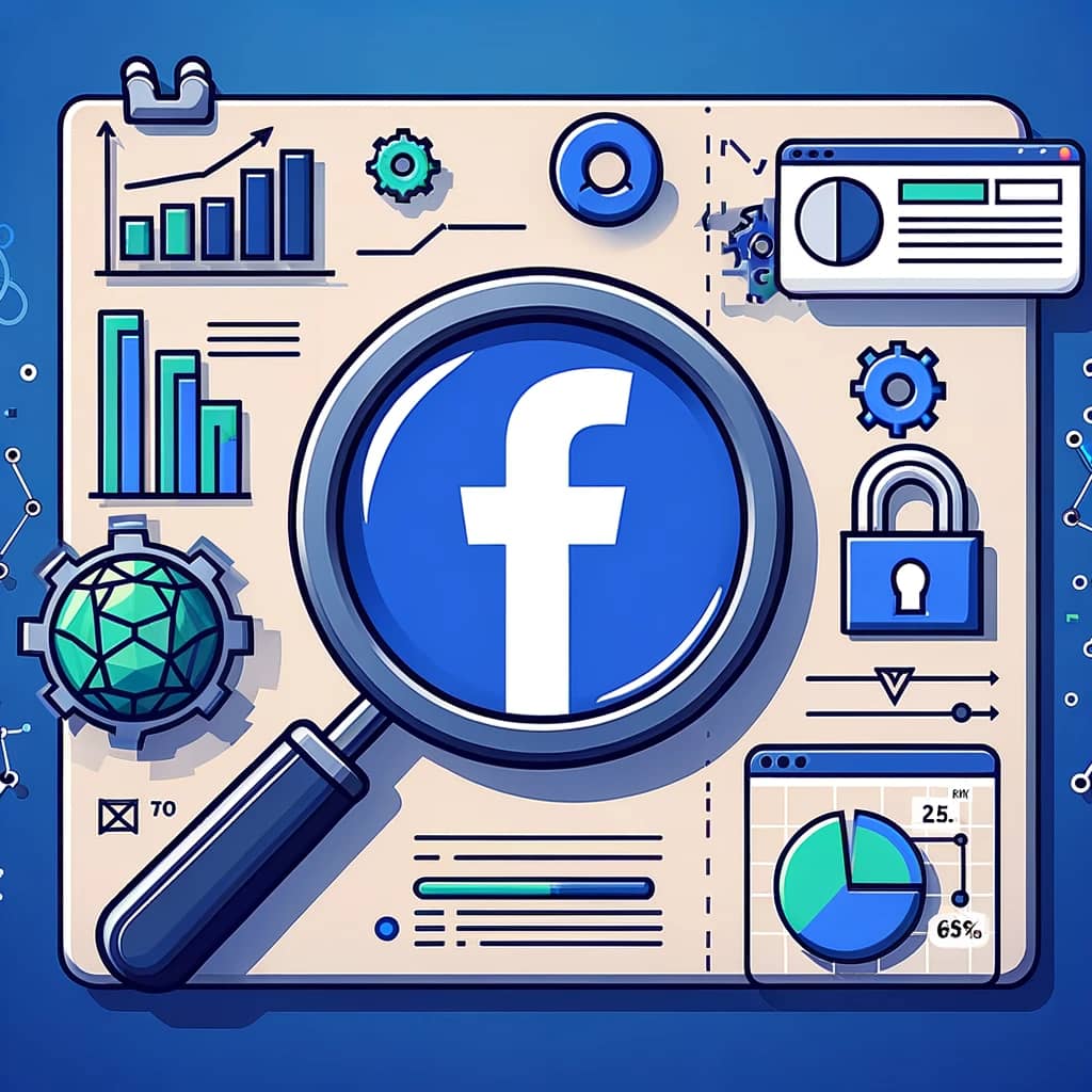 Simple illustration of Facebook ad optimization using the Pixel tool, featuring a magnifying glass over a Facebook logo for targeted advertising, and basic charts indicating improved ad performance.