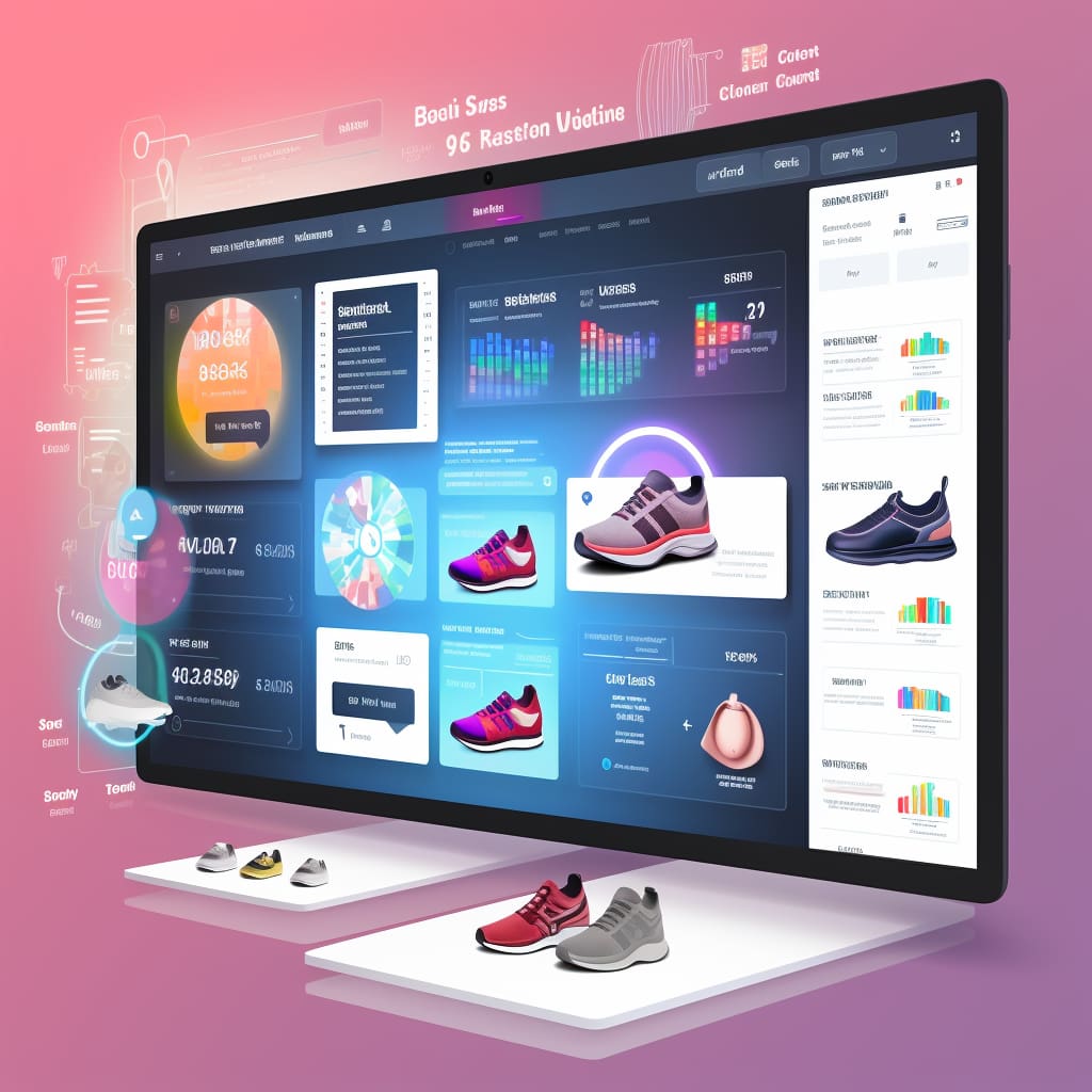 VisionAI's Full-Service E-Commerce Package in action, showcasing an online store interface with UX audit, A/B testing data, and optimized CTAs.