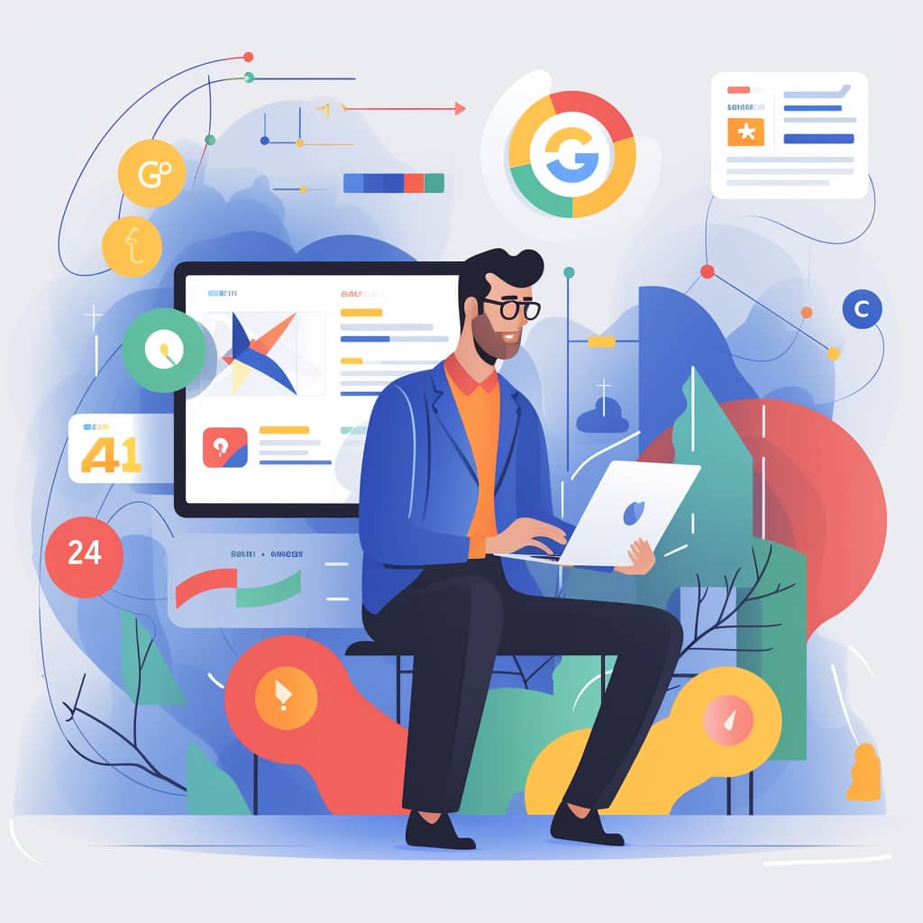 Abstract visual representation of Google Ads optimization, featuring digital marketing graphics and creative design motifs, devoid of any text.