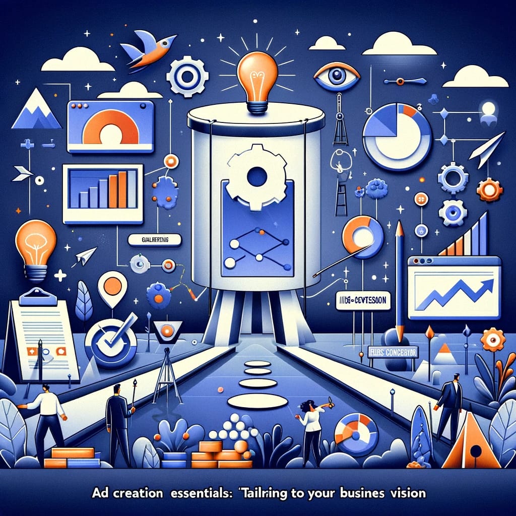 Illustration highlighting the creation of high conversion Google ads, featuring elements of strategic goal-setting, business growth, and impactful ad design.