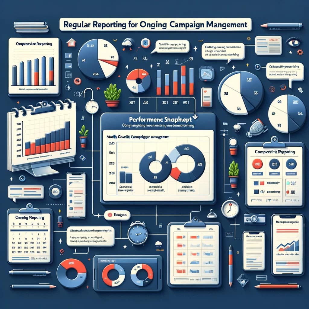 Image depicting regular reporting for Facebook ad campaign management, featuring calendars, pie charts, and bar graphs.