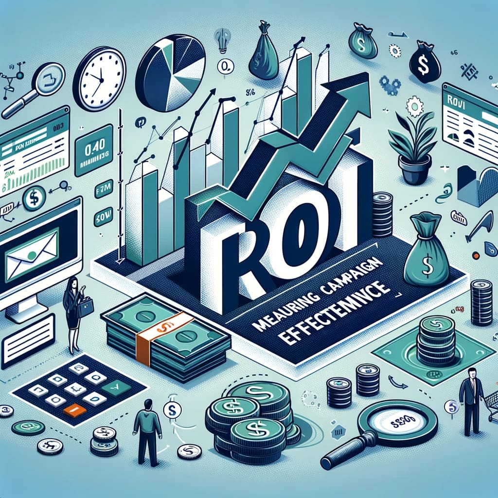 Visual representation of ROI Analysis in email marketing, featuring financial graphs and symbols of business growth.
