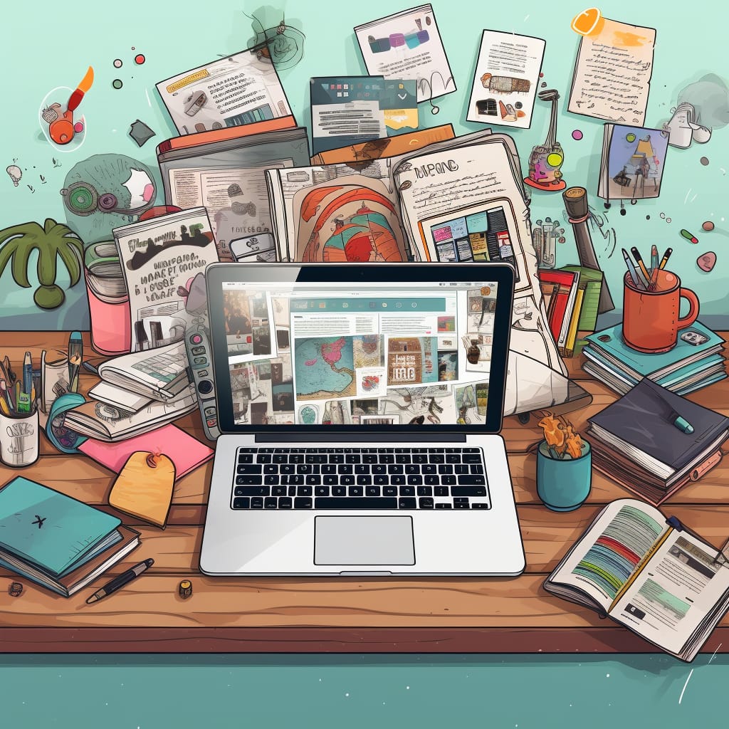Close-up view of a content creator's desk, showcasing tools for Ecommerce Content Creation Service with a laptop, notes, and infographic sketches.