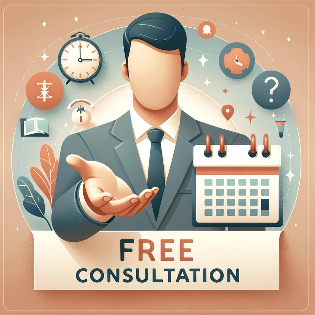 Professional figure extending an open hand with the text 'FREE CONSULTATION' for an inviting business offer.