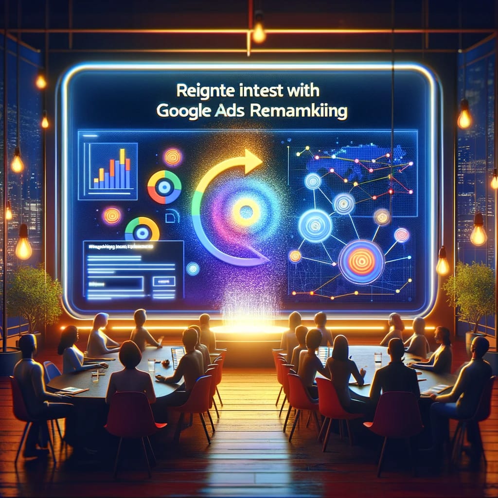 Dynamic image showcasing Google Ads Remarketing service with a vibrant display of targeted ads and analytics data.