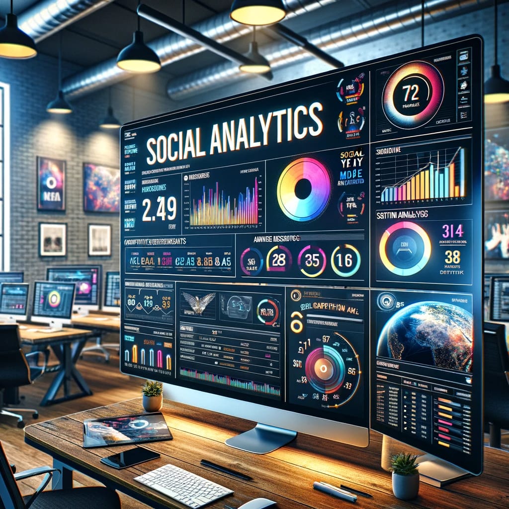 Modern marketing agency workspace featuring 'SOCIAL MEDIA ANALYTICS' on a vibrant digital dashboard with multiple social media data screens.