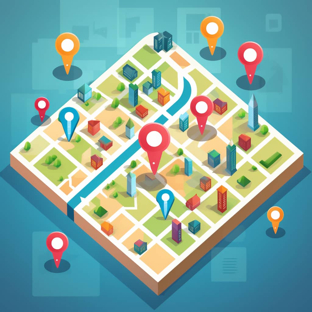 Local SEO strategy visualized with a map pinpointing a business location and keywords highlighting city names and local services