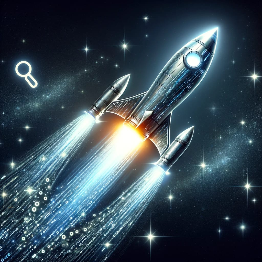 Modern rocket ship blasting off into a starry sky, symbolizing explosive growth from an SEO audit.