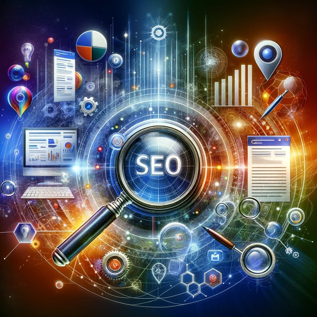 Dynamic image showcasing SEO Competitor Research with a blend of digital elements and a magnifying glass symbol.