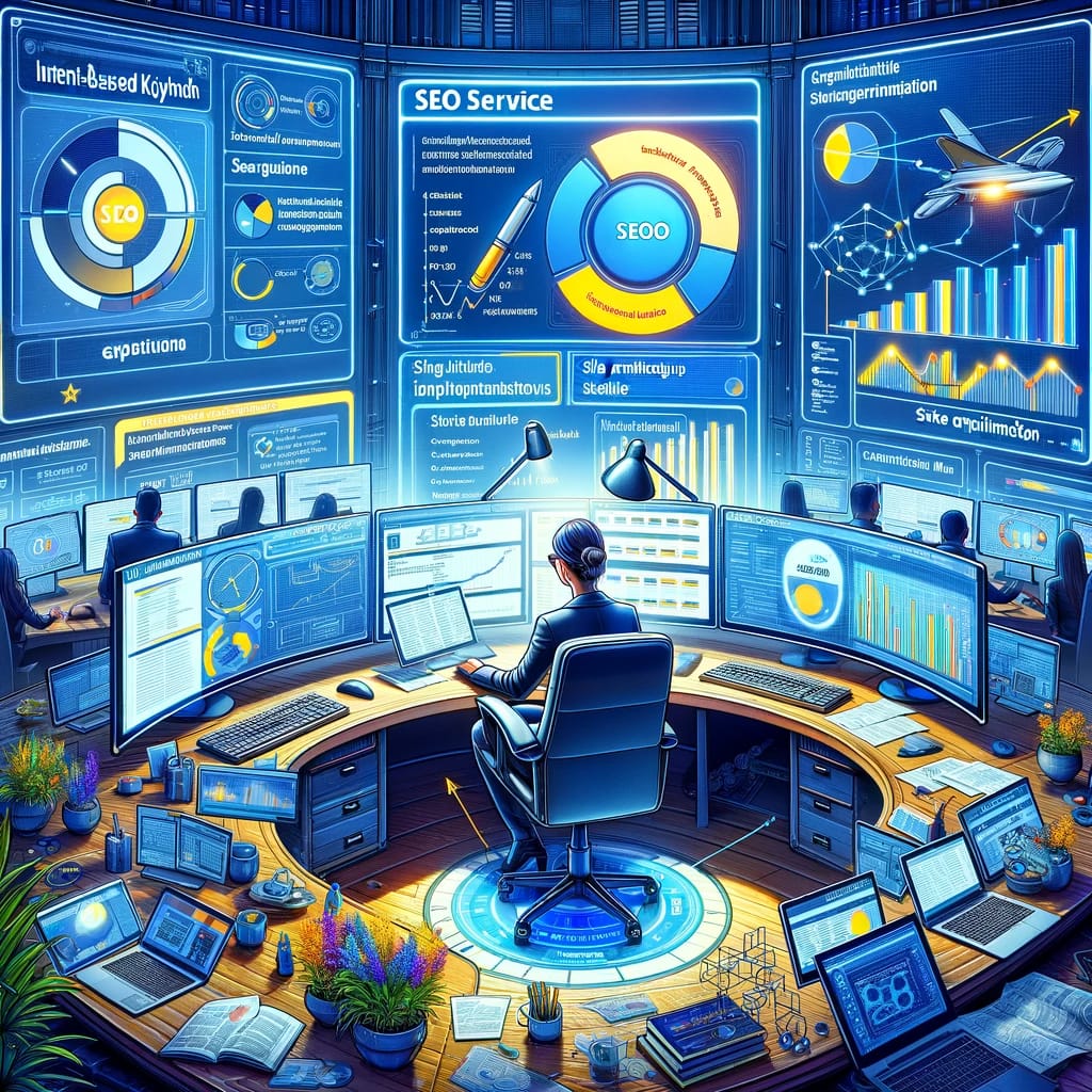 Digital illustration of VisionAI's workspace highlighting SEO Services, with a strategist analyzing keywords and technical SEO elements.
