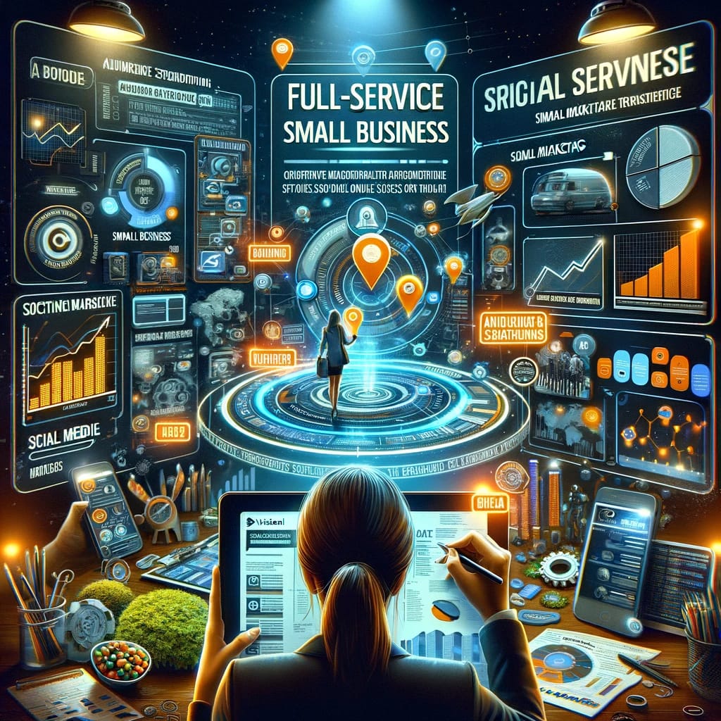 Digital illustration of a marketer using VisionAI's full-service small business package, working on a tablet with analytics in the background.