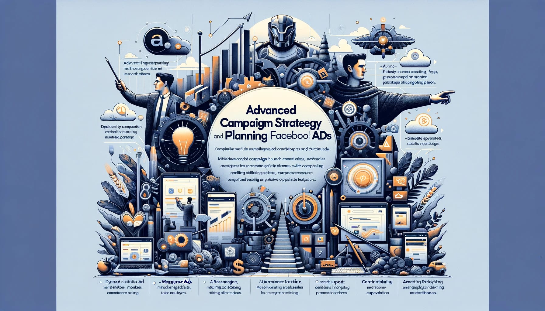 Image depicting advanced campaign strategy and planning for Facebook Ads, featuring elements of data analysis, audience targeting, and innovative ad features.