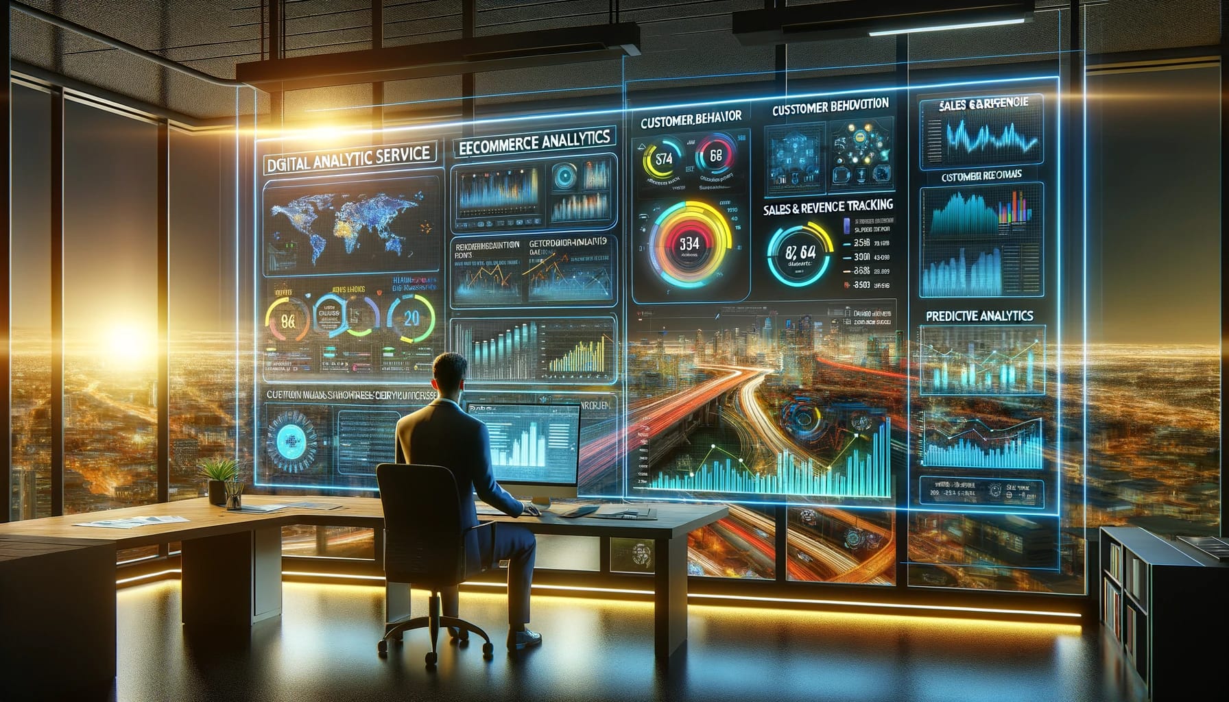 Dynamic image of an Ecommerce Analytics Service command center with a professional analyzing data on an interactive dashboard.