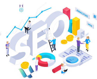 Illustration of Search Engine Optimization Concept with Magnifying Glass Focused on SEO Keywords and Digital Interface Elements.